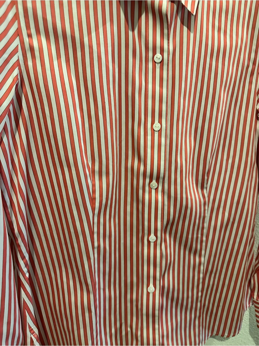 Foxcroft Red and White Vertical Stripe Button-Down Shirt - Picture 5 of 6